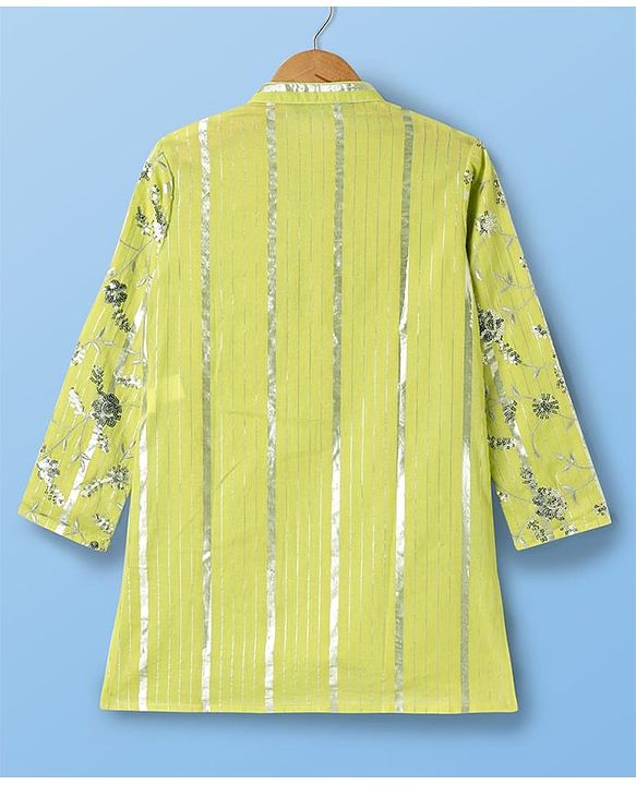 Pine Kids Woven Full Sleeves Kurta Pajama Set With Floral Embroidery & Sequin Detailing - Yellow & White