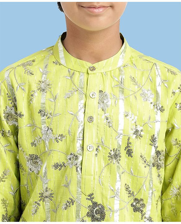 Pine Kids Woven Full Sleeves Kurta Pajama Set With Floral Embroidery & Sequin Detailing - Yellow & White