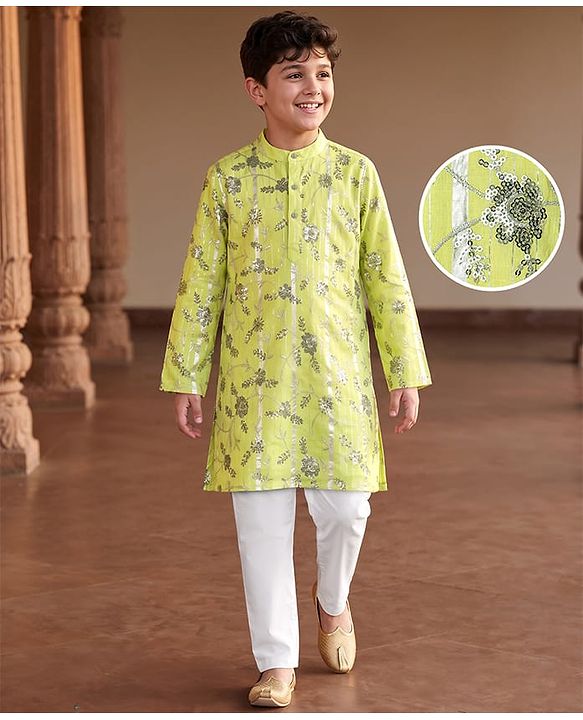 Pine Kids Woven Full Sleeves Kurta Pajama Set With Floral Embroidery & Sequin Detailing - Yellow & White