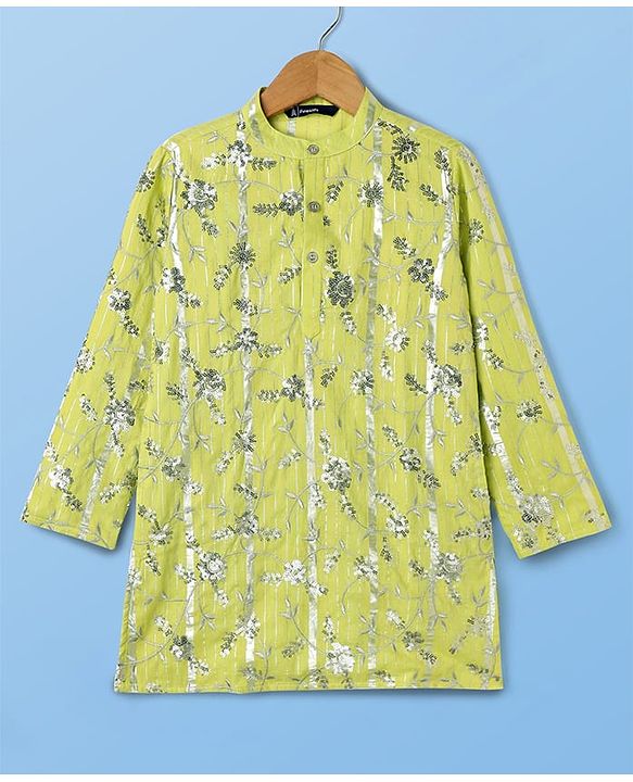 Pine Kids Woven Full Sleeves Kurta Pajama Set With Floral Embroidery & Sequin Detailing - Yellow & White