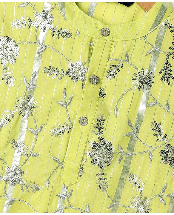 Pine Kids Woven Full Sleeves Kurta Pajama Set With Floral Embroidery & Sequin Detailing - Yellow & White