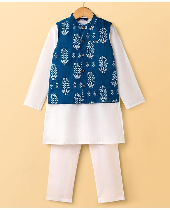 Pine Kids Cotton Woven Full Sleeves Kurta Pajama Set With Printed Jacket - White