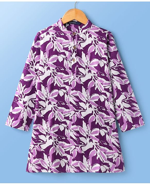 Pine Kids Cotton Woven Full Sleeves Kurta Pajama Set With Floral Print - Purple