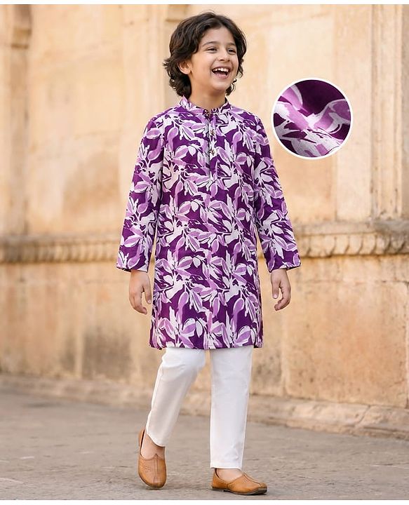 Pine Kids Cotton Woven Full Sleeves Kurta Pajama Set With Floral Print - Purple