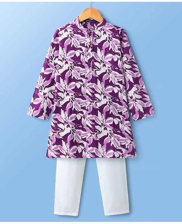 Pine Kids Cotton Woven Full Sleeves Kurta Pajama Set With Floral Print - Purple
