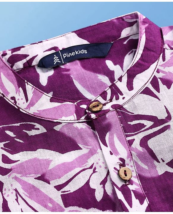 Pine Kids Cotton Woven Full Sleeves Kurta Pajama Set With Floral Print - Purple
