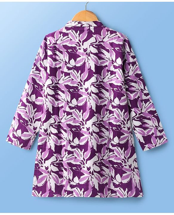 Pine Kids Cotton Woven Full Sleeves Kurta Pajama Set With Floral Print - Purple