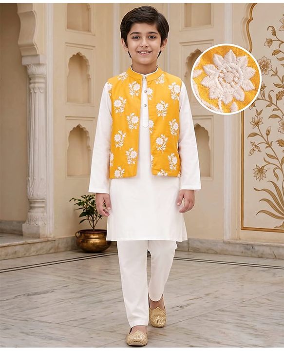 Pine Kids Cotton Woven Full Sleeves Kurta Pajama Set With Floral Embroidered Jacket - White
