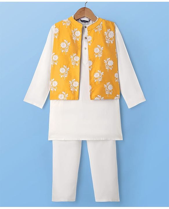 Pine Kids Cotton Woven Full Sleeves Kurta Pajama Set With Floral Embroidered Jacket - White