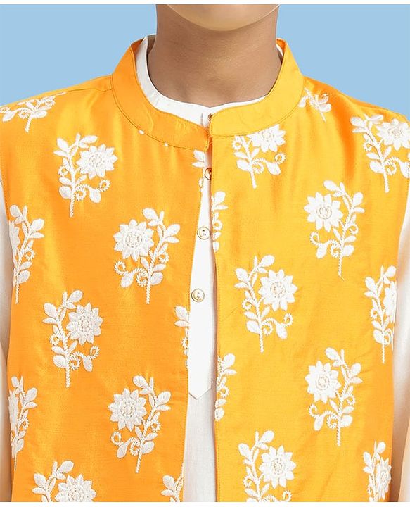 Pine Kids Cotton Woven Full Sleeves Kurta Pajama Set With Floral Embroidered Jacket - White