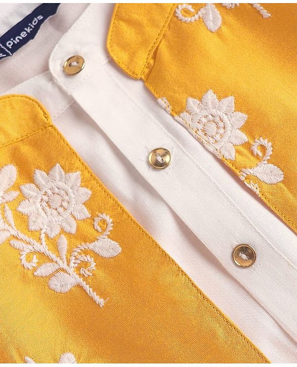 Pine Kids Cotton Woven Full Sleeves Kurta Pajama Set With Floral Embroidered Jacket - White
