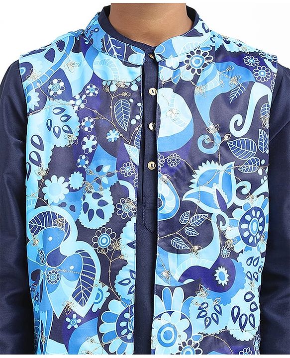 Pine Kids Cotton Woven Full Sleeves Kurta Pyjama Set with Jacket With Paisley Print - Blue