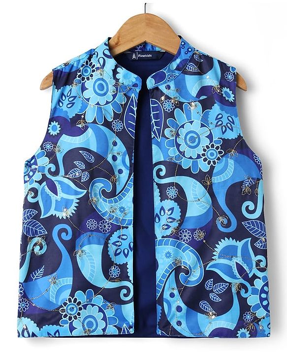 Pine Kids Cotton Woven Full Sleeves Kurta Pyjama Set with Jacket With Paisley Print - Blue