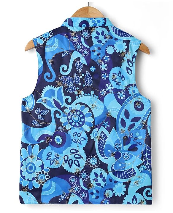 Pine Kids Cotton Woven Full Sleeves Kurta Pyjama Set with Jacket With Paisley Print - Blue