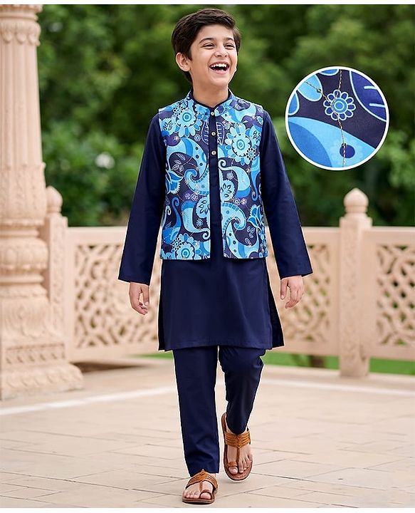 Pine Kids Cotton Woven Full Sleeves Kurta Pyjama Set with Jacket With Paisley Print - Blue