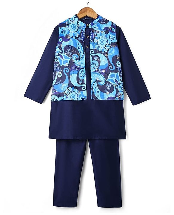 Pine Kids Cotton Woven Full Sleeves Kurta Pyjama Set with Jacket With Paisley Print - Blue