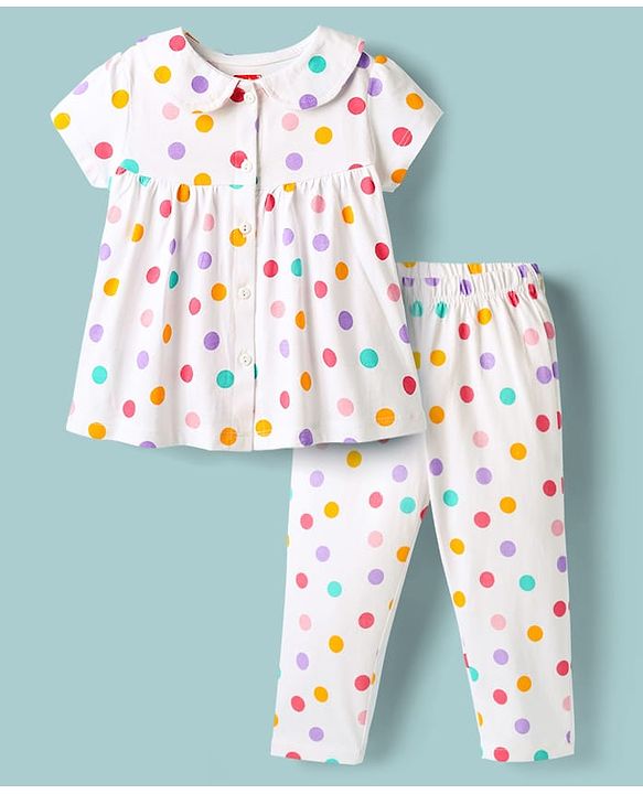 Babyhug Cotton Knit Half Sleeves Front Open Co-ords Night Suit with Polka Dots - White