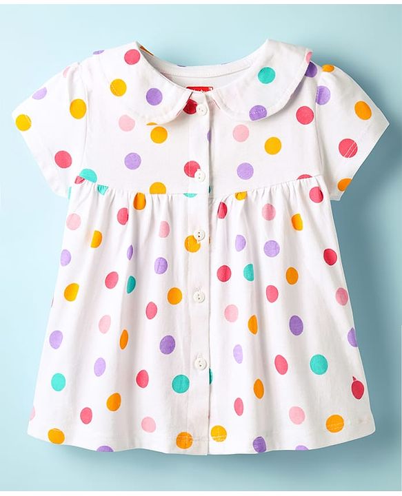 Babyhug Cotton Knit Half Sleeves Front Open Co-ords Night Suit with Polka Dots - White
