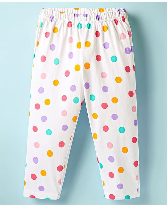 Babyhug Cotton Knit Half Sleeves Front Open Co-ords Night Suit with Polka Dots - White