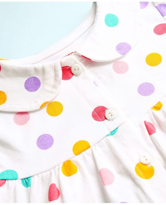 Babyhug Cotton Knit Half Sleeves Front Open Co-ords Night Suit with Polka Dots - White