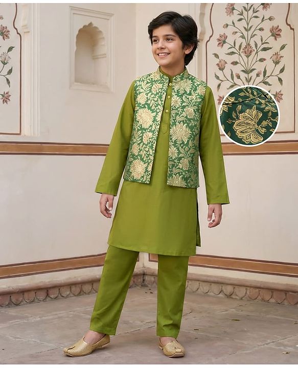 Pine Kids Woven Full Sleeves Kurta Pajama Set with Ethnic Jacket & Floral Print - Olive Green