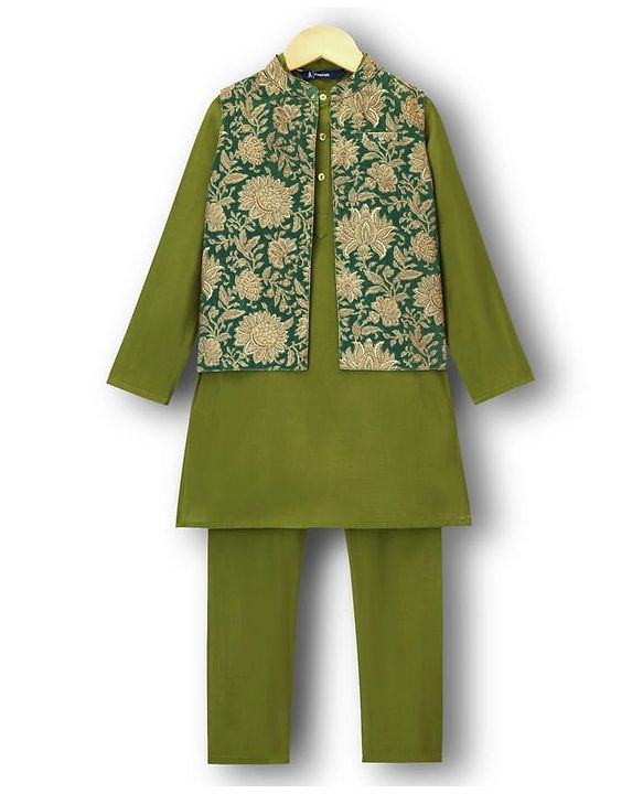 Pine Kids Woven Full Sleeves Kurta Pajama Set with Ethnic Jacket & Floral Print - Olive Green