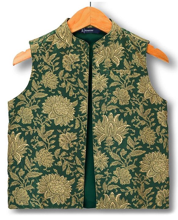 Pine Kids Woven Full Sleeves Kurta Pajama Set with Ethnic Jacket & Floral Print - Olive Green
