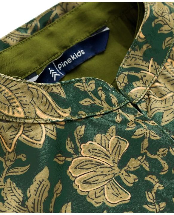 Pine Kids Woven Full Sleeves Kurta Pajama Set with Ethnic Jacket & Floral Print - Olive Green