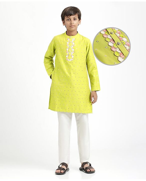 Pine Kids Woven Full Sleeves Kurta Pajama Set With Sequin Detailing - Limegreen