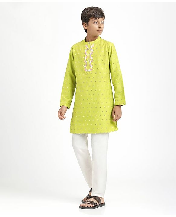 Pine Kids Woven Full Sleeves Kurta Pajama Set With Sequin Detailing - Limegreen