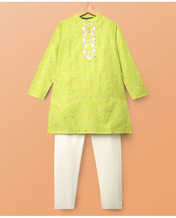 Pine Kids Woven Full Sleeves Kurta Pajama Set With Sequin Detailing - Limegreen