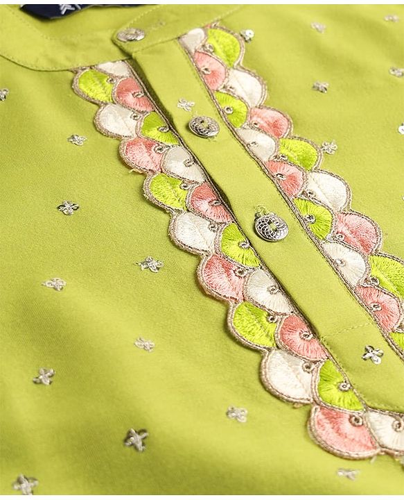 Pine Kids Woven Full Sleeves Kurta Pajama Set With Sequin Detailing - Limegreen