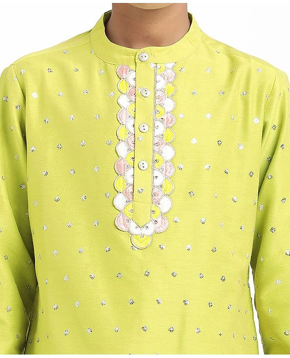 Pine Kids Woven Full Sleeves Kurta Pajama Set With Sequin Detailing - Limegreen