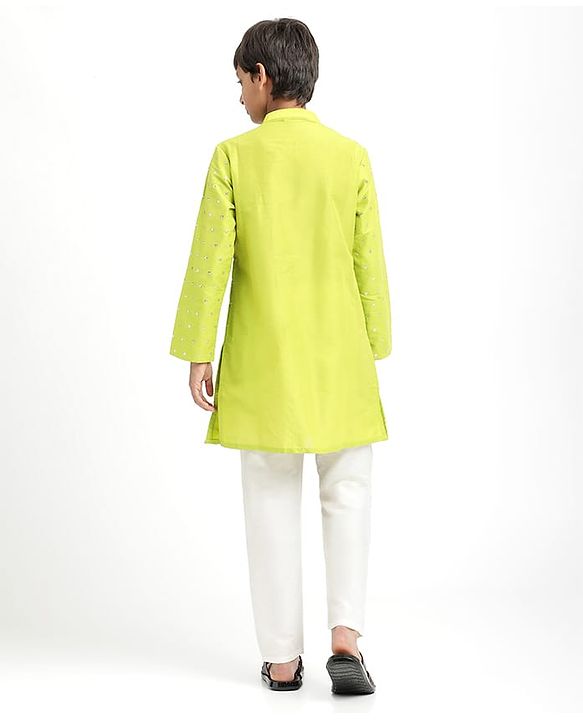 Pine Kids Woven Full Sleeves Kurta Pajama Set With Sequin Detailing - Limegreen