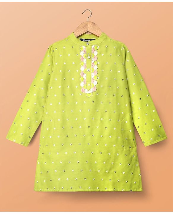 Pine Kids Woven Full Sleeves Kurta Pajama Set With Sequin Detailing - Limegreen
