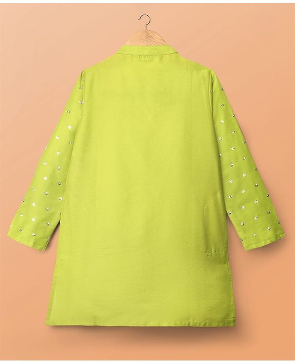 Pine Kids Woven Full Sleeves Kurta Pajama Set With Sequin Detailing - Limegreen