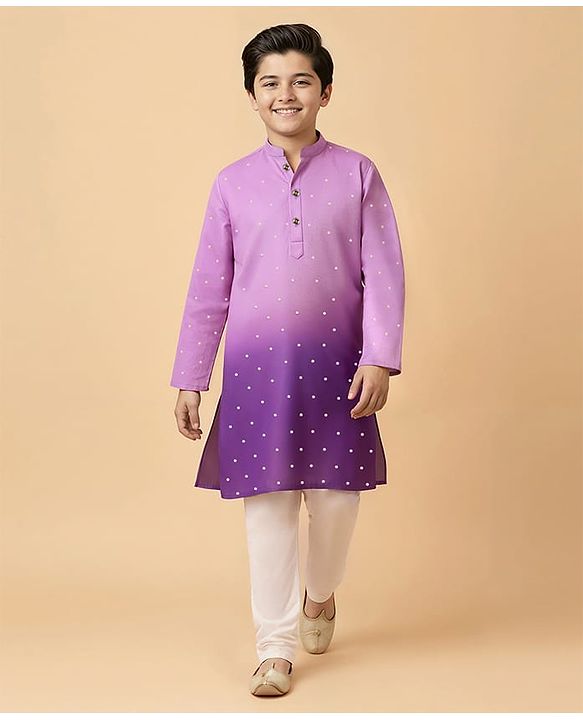 Pine Kids Woven Full Sleeves Kurta Pajama Set With Ombre Effect & Foil Print - Lilac