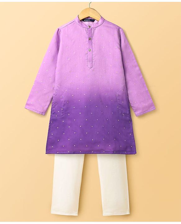 Pine Kids Woven Full Sleeves Kurta Pajama Set With Ombre Effect & Foil Print - Lilac