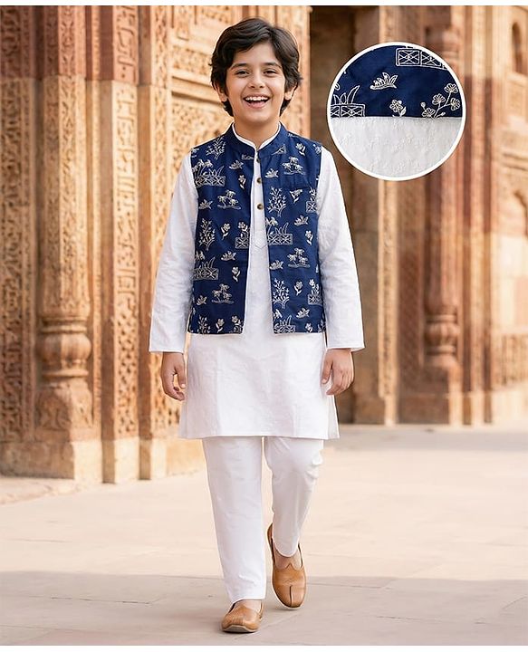 Pine Kids Viscose Woven Full Sleeves Kurta Pajama & Floral Embriodered Jacket Set - White & Navy Blue