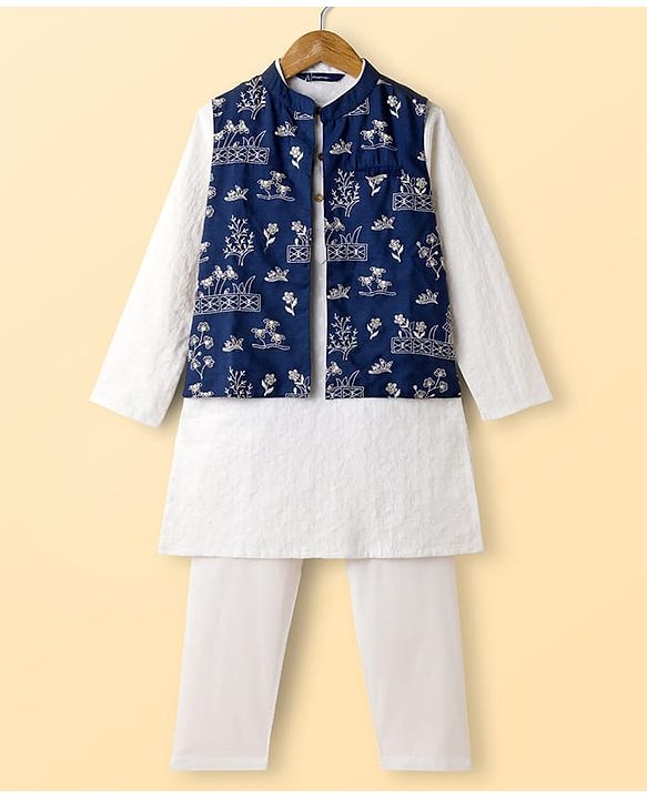 Pine Kids Viscose Woven Full Sleeves Kurta Pajama & Floral Embriodered Jacket Set - White & Navy Blue