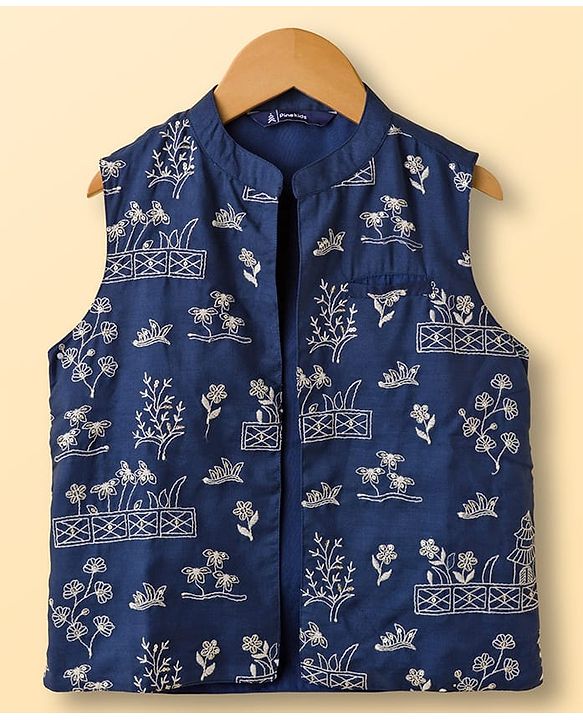 Pine Kids Viscose Woven Full Sleeves Kurta Pajama & Floral Embriodered Jacket Set - White & Navy Blue