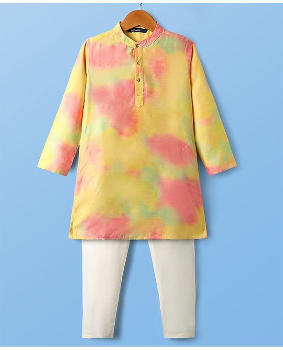 Pine Kids Woven Full Sleeves Kurta Pyjama Set with Tie-Dye Effect - Yellow Pink & White