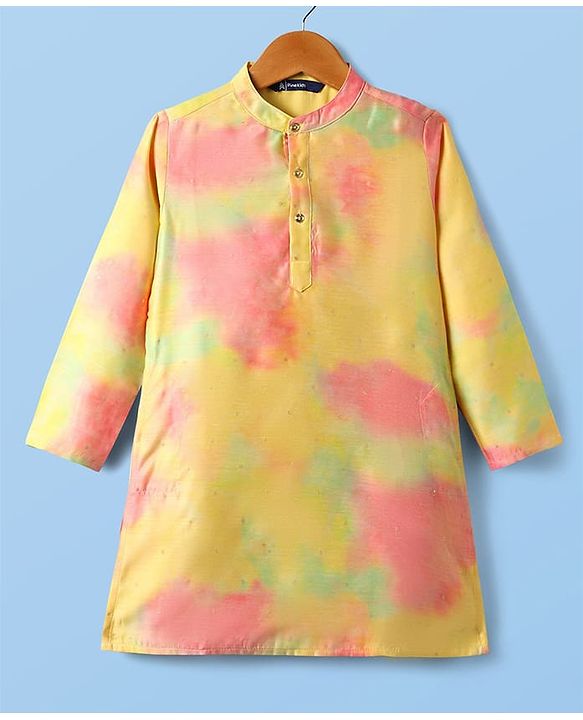 Pine Kids Woven Full Sleeves Kurta Pyjama Set with Tie-Dye Effect - Yellow Pink & White