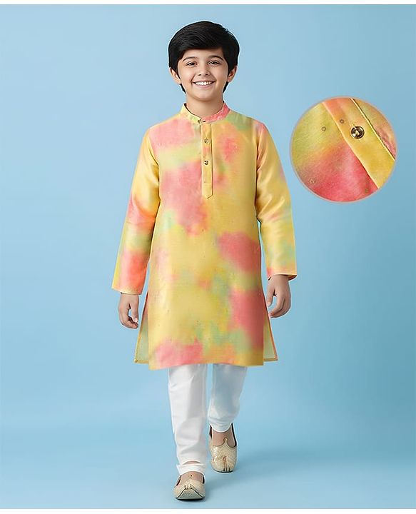 Pine Kids Woven Full Sleeves Kurta Pyjama Set with Tie-Dye Effect - Yellow Pink & White