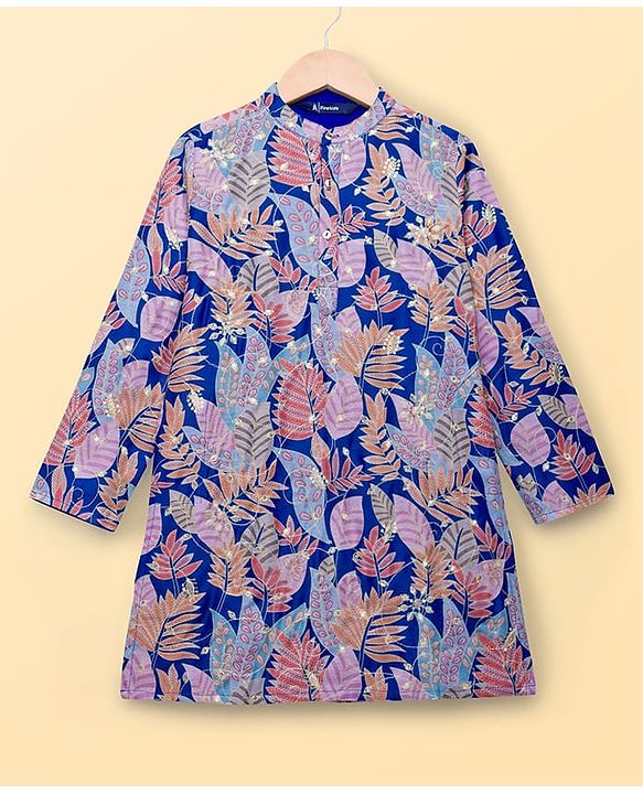 Pine Kids Woven Full Sleeves Leafy Printed Kurta Pyjama Set- Multicolour