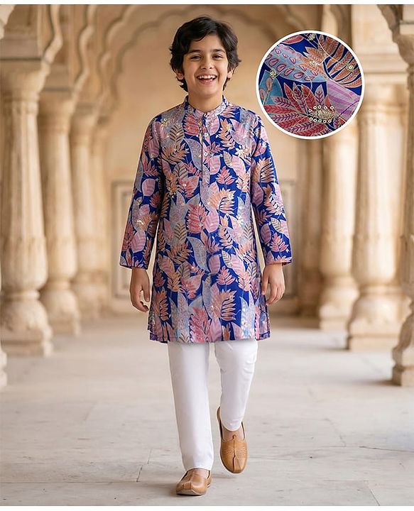 Pine Kids Woven Full Sleeves Leafy Printed Kurta Pyjama Set- Multicolour