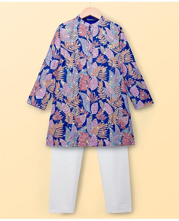Pine Kids Woven Full Sleeves Leafy Printed Kurta Pyjama Set- Multicolour