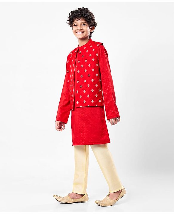 Pine Kids Woven Mandarin Collar Full Sleeves Kurta Pyjama Set With Printed Jacket & Sequin Detailing  - Red