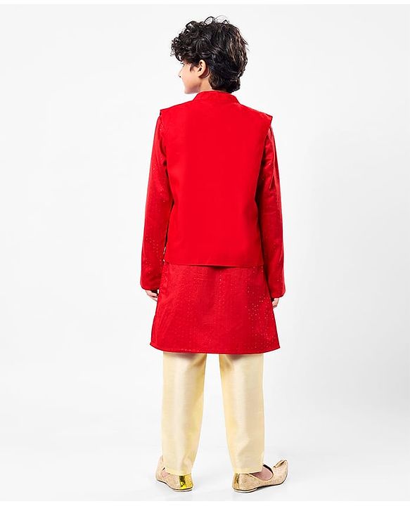 Pine Kids Woven Mandarin Collar Full Sleeves Kurta Pyjama Set With Printed Jacket & Sequin Detailing  - Red