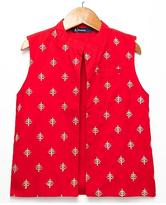 Pine Kids Woven Mandarin Collar Full Sleeves Kurta Pyjama Set With Printed Jacket & Sequin Detailing  - Red